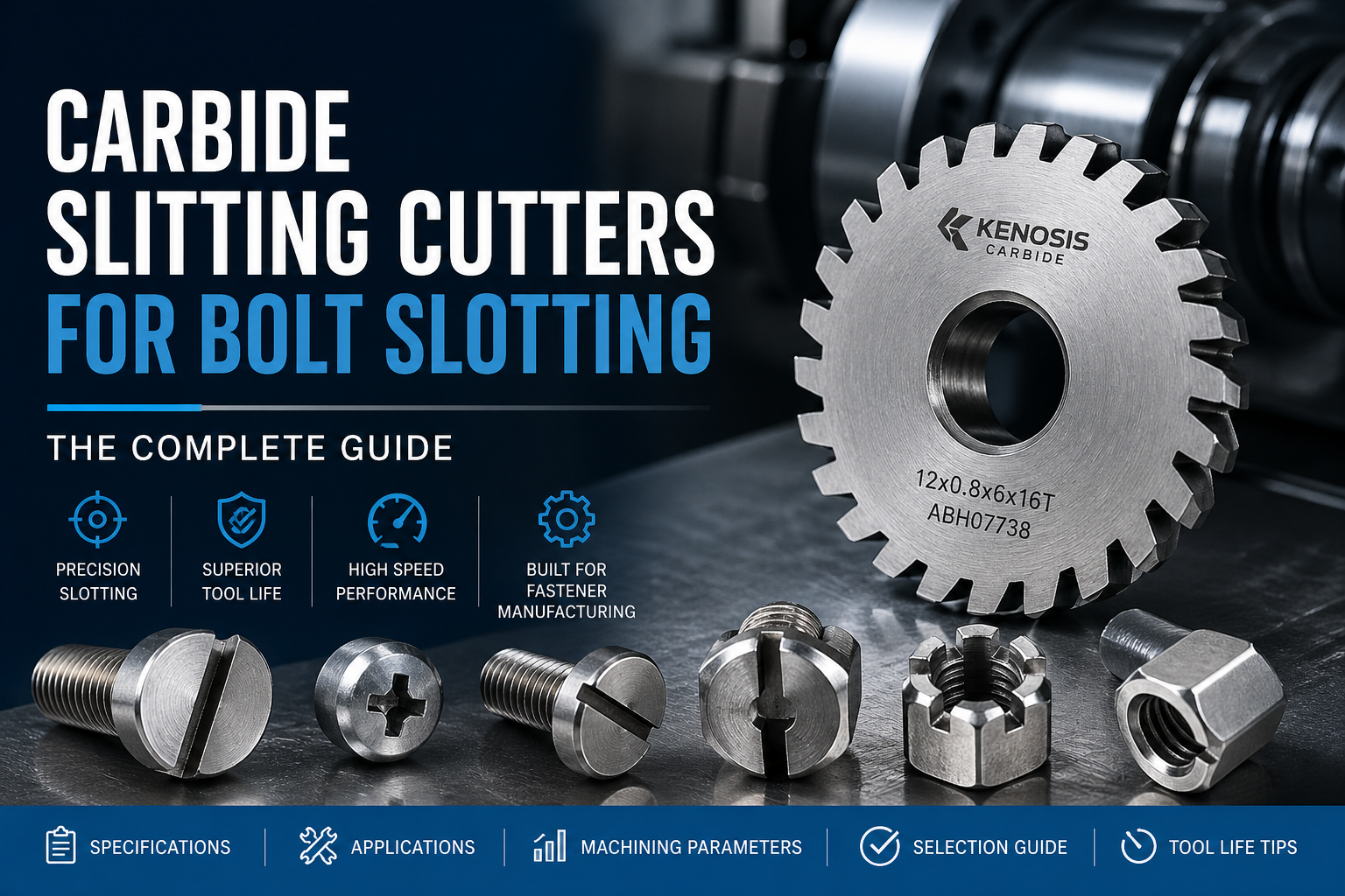 Carbide slitting cutters for bolt slotting with precision cutter blade, slotted bolts, screws, and nuts used in fastener manufacturing.