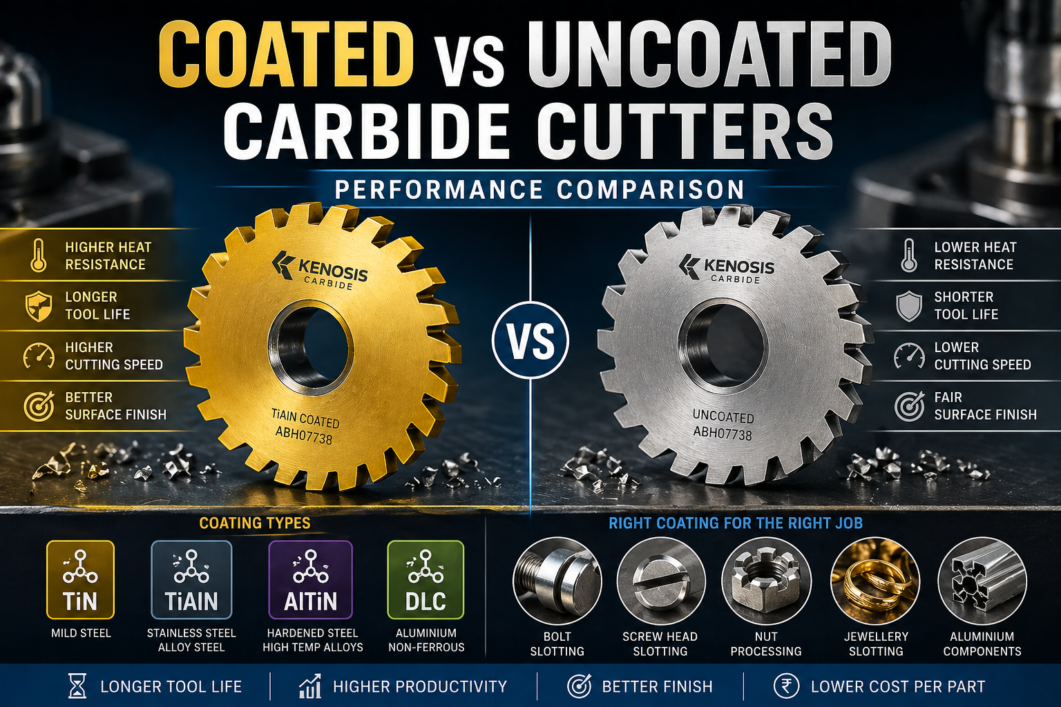 Coated vs uncoated carbide cutters performance comparison showing tool life, heat resistance, cutting speed, surface finish, and coating types for machining.